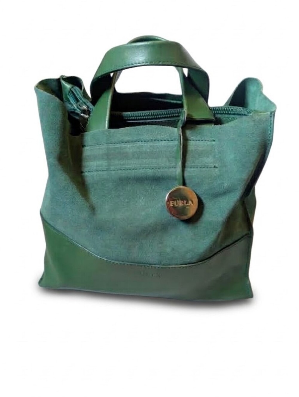 Furla Forest Green Suede & Leather Top-Handle Tote